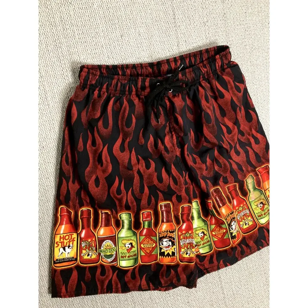 Vtg Big Dog‎ Board Shorts Men's Medium Red Hot Sauce Flames Beach Party
